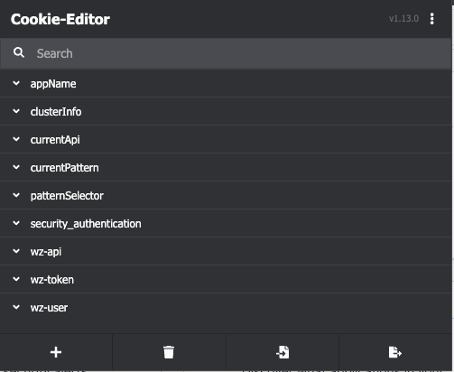 Cookie-Editor extension listing the Wazuh dashboard session cookies