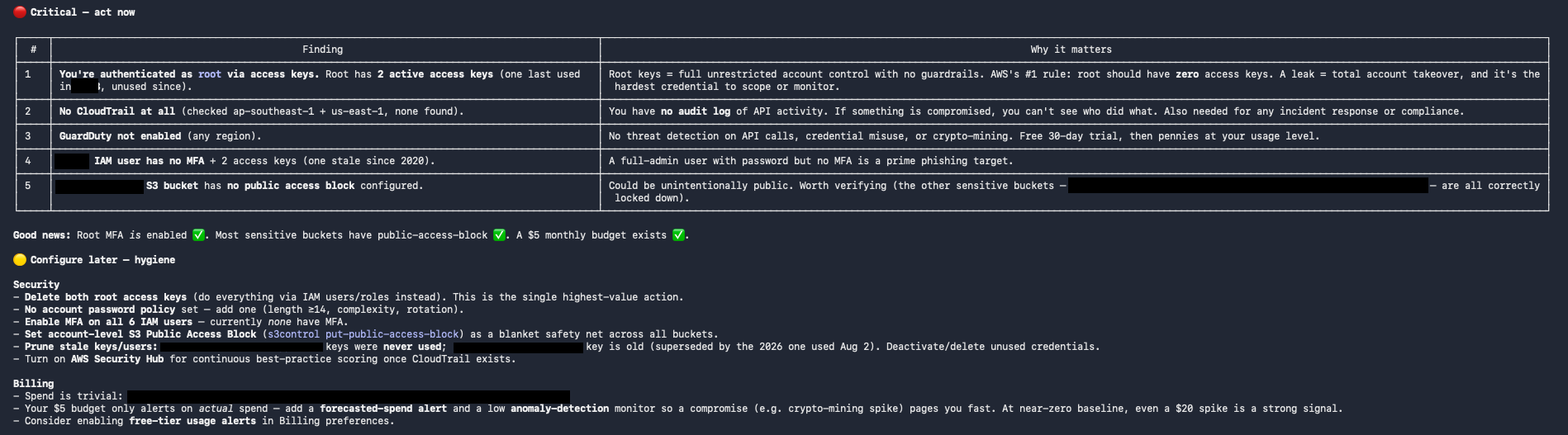 Example output of a quick AWS security and billing scan, with account-specific details redacted