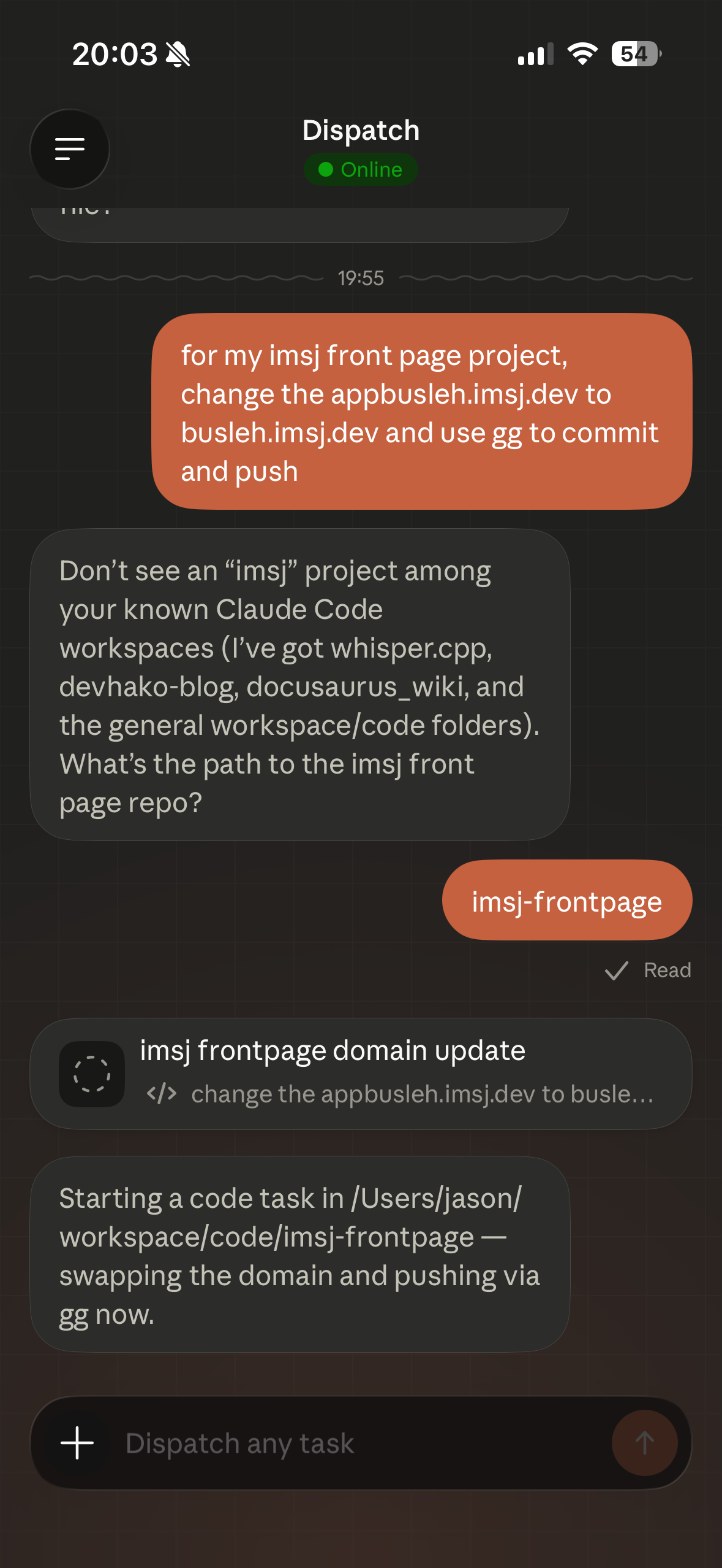 Cowork Dispatch chat on a phone dispatching a Claude Code task