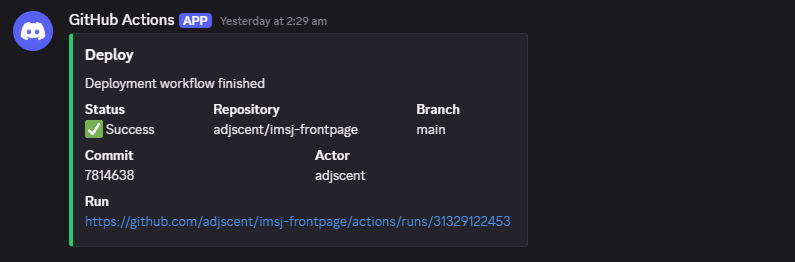 Discord notification from GitHub Actions showing a successful deployment of adjscent/imsj-frontpage on the main branch